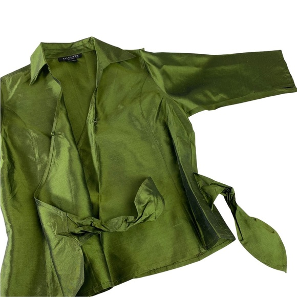 SilkLand Womens Green Shirt Size 4P Petite 3/4 Sleeve 100%Silk Blouse Tie/button - Picture 12 of 16